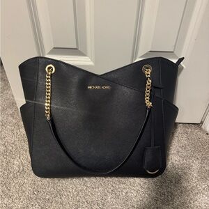 Michael Kors Black Saffiano Leather Tote with Gold Chain Handles